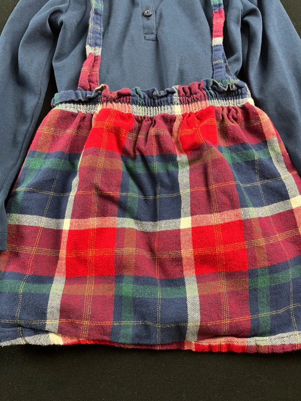 Navy Polo Top with Red & Blue Plaid Suspender Skirt